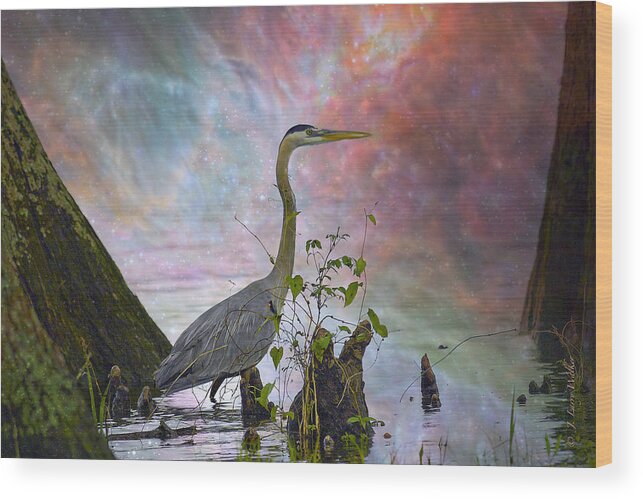 J Larry Walker Wood Print featuring the digital art Great Blue Heron In A Heavenly Mist #1 by J Larry Walker