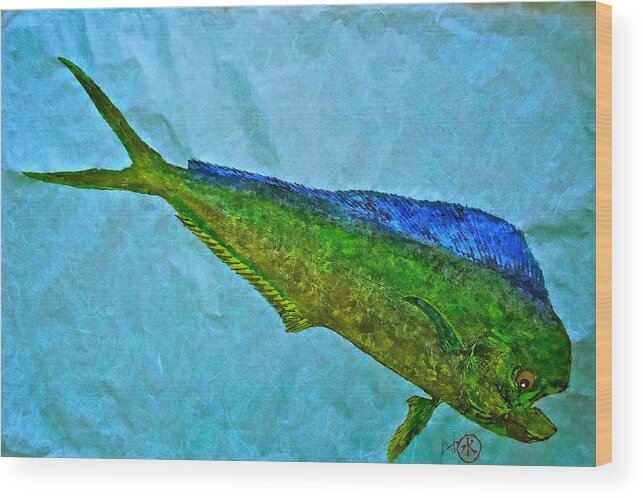 Gyotaku Wood Print featuring the mixed media Gyotaku - Mahi Mahi - Dorado - Dolphinfish #1 by Jeffrey Canha
