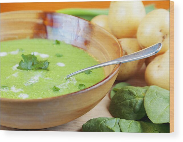 Soup Wood Print featuring the photograph Homemade potato and spinach soup #1 by Alexey Stiop