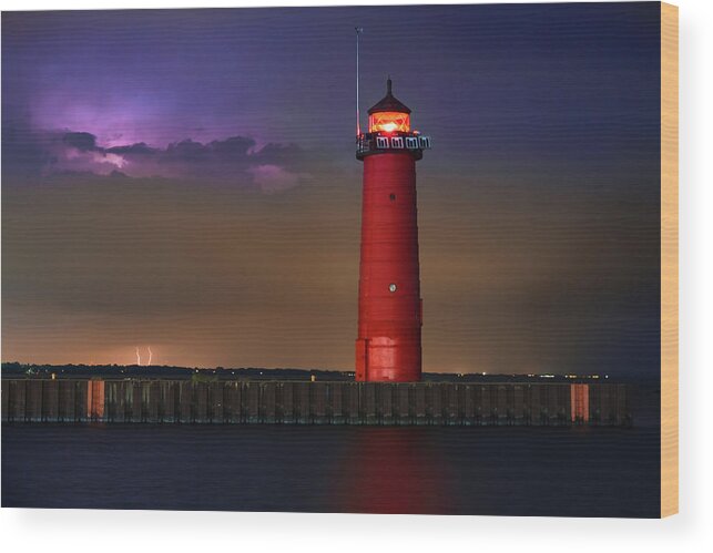 Lake Michigan Wood Print featuring the photograph Lighthouse Lightning #1 by Kenneth keifer