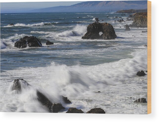 Bodega Bay California Wave Waves Water Oceans Sea Seas Pacific Ocean Bays Rock Formation Formations Rocks Spray Shore Shores Shoreline Shorelines Coast Coasts Coastline Coastlines Waterscape Waterscapes Wood Print featuring the photograph Ocean View #1 by Bob Phillips