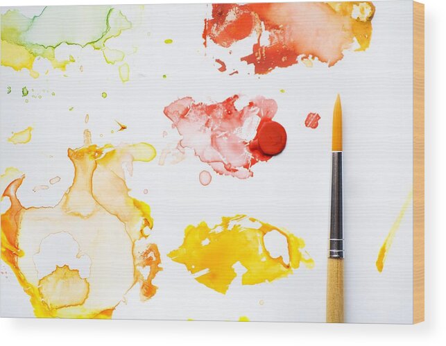 Art Wood Print featuring the photograph Paint Splatters And Paint Brush #1 by Chris Knorr