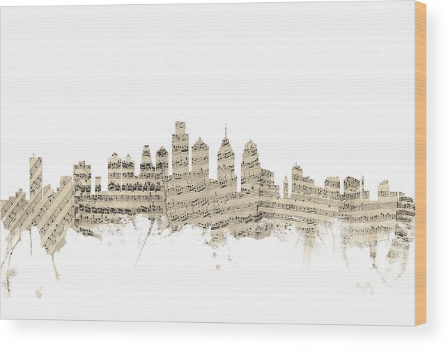 Philadelphia Wood Print featuring the digital art Philadelphia Pennsylvania Skyline Sheet Music Cityscape #1 by Michael Tompsett