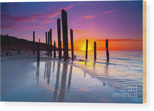 Port Willunga Sunset South Australia Seascape Beach Wood Print featuring the photograph Port Willunga Sunset by Bill Robinson