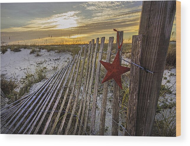 Christmas Wood Print featuring the digital art Red Star on Fence #1 by Michael Thomas