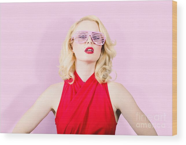 Fashion Wood Print featuring the photograph Summer fashion model. Girl in a pink sun glasses #1 by Jorgo Photography