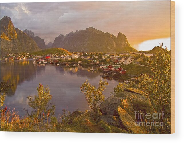 Reine Wood Print featuring the photograph The day begins in Reine by Heiko Koehrer-Wagner Reine Wood Print featuring the photograph The day begins in Reine by Heiko Koehrer-Wagner