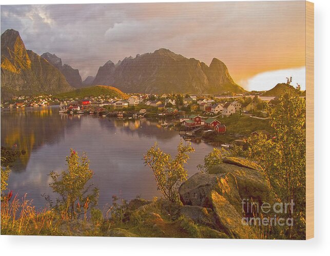 Reine Wood Print featuring the photograph The day begins in Reine by Heiko Koehrer-Wagner