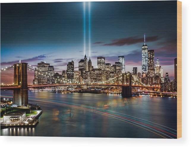 2014 Wood Print featuring the photograph Tribute in Light memorial #1 by Mihai Andritoiu