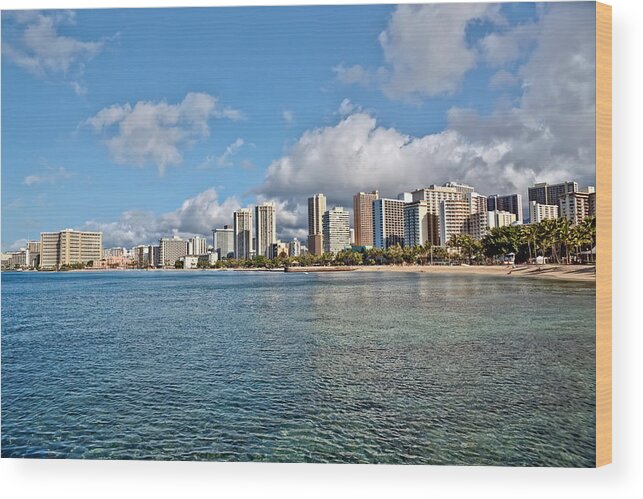 Beach Wood Print featuring the photograph Waikiki Beach Oahu Island Hawaii cityscape #1 by Marek Poplawski
