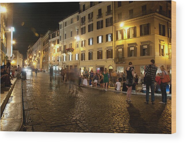 Pedestrian Wood Print featuring the photograph Walking Through Rome At Night #1 by Mitch Diamond