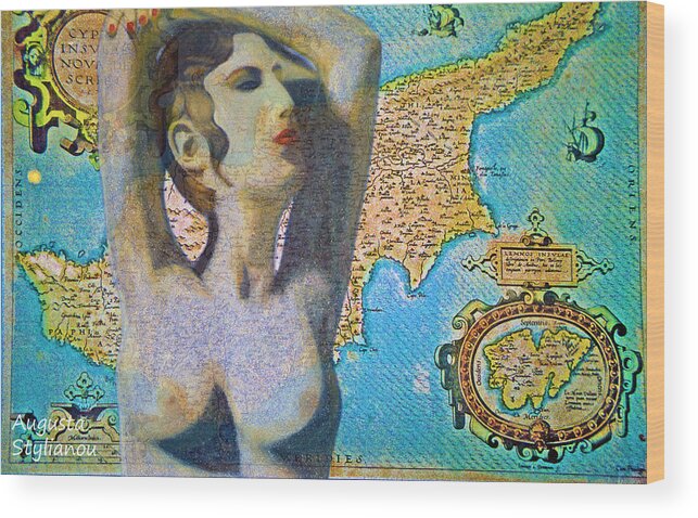 Augusta Stylianou Wood Print featuring the digital art Ancient Cyprus Map and Aphrodite #13 by Augusta Stylianou