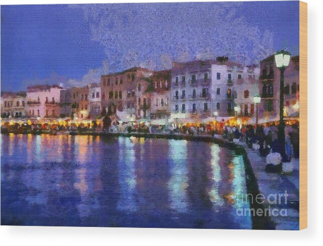 Chania; Hania; Crete; Kriti; Town; Old; City; Port; Harbor; Venetian; Greece; Hellas; Greek; Hellenic; Islands; Dusk; Twilight; Night; Lights; Sea; People; Tourists; Walk; Walking; Color; Colour; Colorful; Colourful; Light; Pole; Island; Hotels; Taverns; Restaurants; Holidays; Vacation; Travel; Trip; Voyage; Journey; Tourism; Touristic; Summer; Paint; Painting; Paintings; Reflection; Reflections Wood Print featuring the painting Painting of the old port of Chania #1 by George Atsametakis