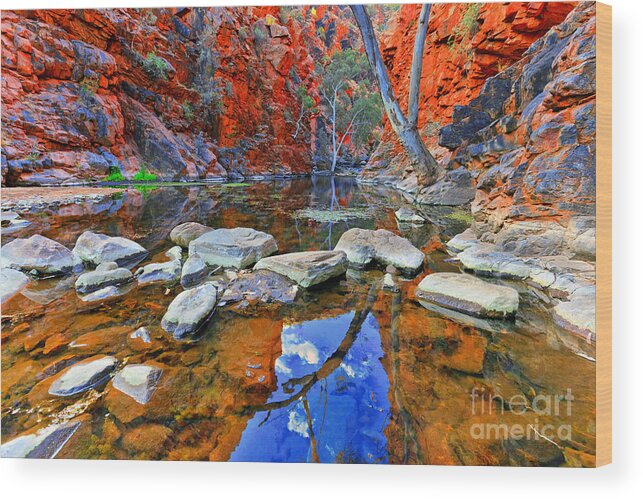 Serpentine Creek Outback Landscape Central Australia Australian Landscapes Gum Trees Still Water Reflections Water Hole Wood Print featuring the photograph Serpentine Gorge Central Australia #11 by Bill Robinson