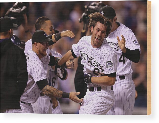 Celebration Wood Print featuring the photograph New York Mets V Colorado Rockies by Doug Pensinger