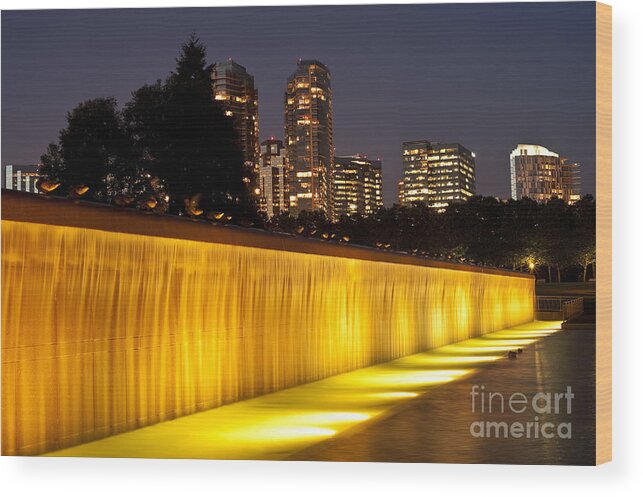 Bellevue Wood Print featuring the photograph Bellevue skyline from city park with fountain and waterfall at s #14 by Jim Corwin