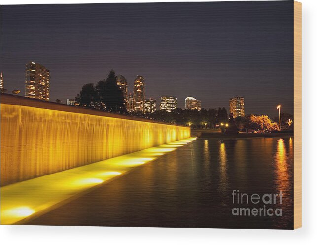Bellevue Wood Print featuring the photograph Bellevue skyline from city park with fountain and waterfall at s #15 by Jim Corwin