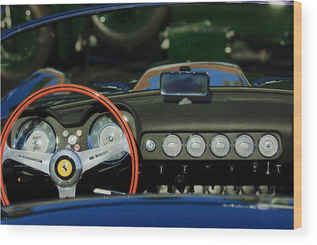 1958 Ferrari 250 Gt Lwb California Spider Steering Wheel Emblem - Dashboard Wood Print featuring the photograph 1958 Ferrari 250 GT LWB California Spider Steering Wheel Emblem - Dashboard by Jill Reger