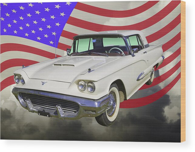 1958 Ford Thunderbird Wood Print featuring the photograph 1958 Ford Thunderbird With American Flag by Keith Webber Jr