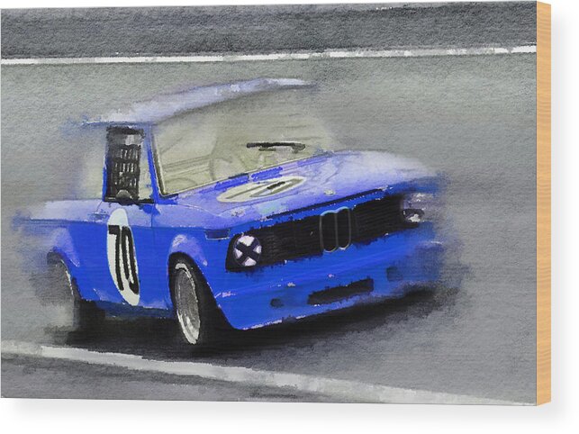 Bmw 2002 Wood Print featuring the painting 1969 BMW 2002 Racing Watercolor by Naxart Studio