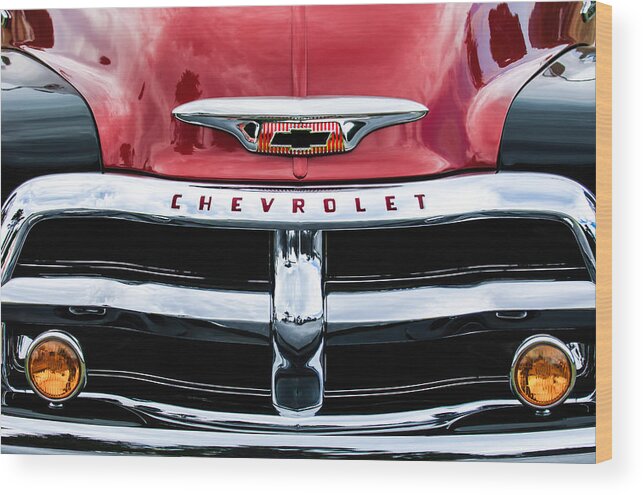 1955 Chevrolet 3100 Pickup Truck Grille Emblem Wood Print featuring the photograph 1955 Chevrolet 3100 Pickup Truck Grille Emblem #2 by Jill Reger