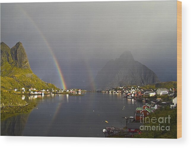 Village Wood Print featuring the photograph After the rain in Reine by Heiko Koehrer-Wagner