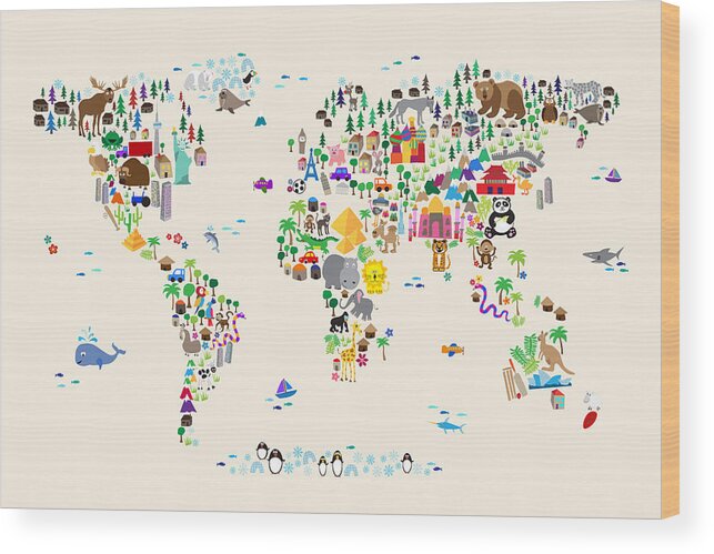 Map Of The World Wood Print featuring the digital art Animal Map of the World for children and kids by Michael Tompsett