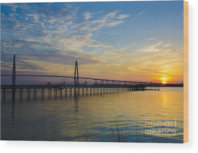 Arthur Ravenel Bridge At Sunset Wood Print featuring the photograph Magical Blue Skies by Dale Powell
