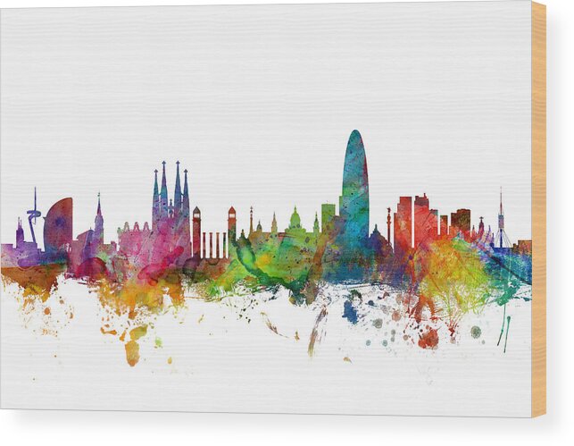 Barcelona Wood Print featuring the digital art Barcelona Spain Skyline #2 by Michael Tompsett