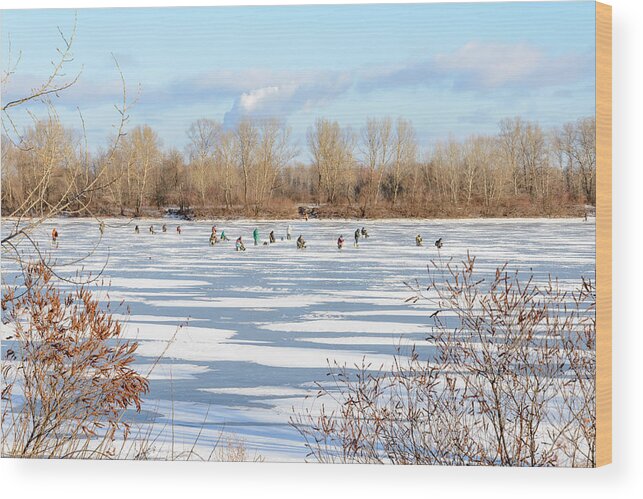 Dnieper Wood Print featuring the photograph Fishermen on the Frozen River #2 by Alain De Maximy