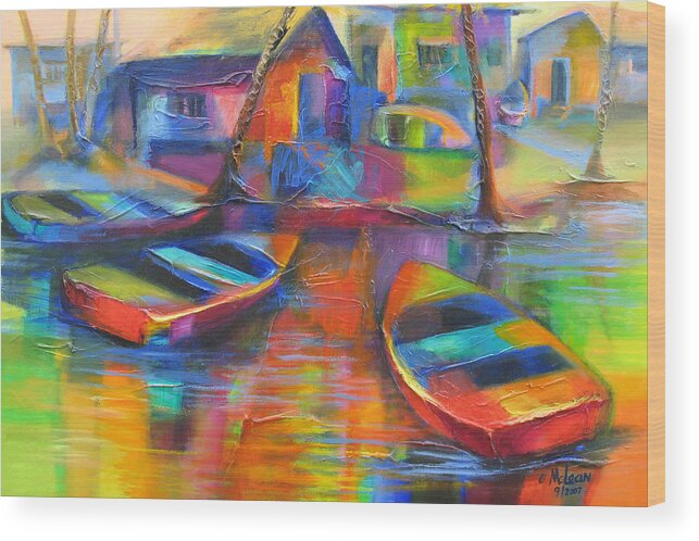 Abstract Wood Print featuring the painting Fishing Village #3 by Cynthia McLean