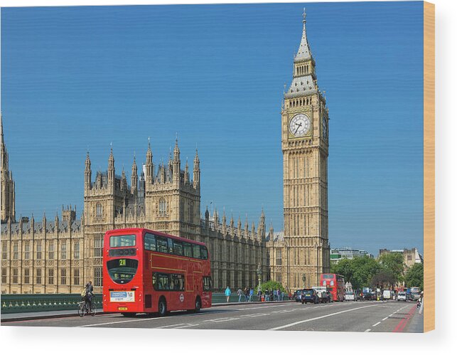 Clock Tower Wood Print featuring the photograph London, Big Ben And Traffic On by Sylvain Sonnet