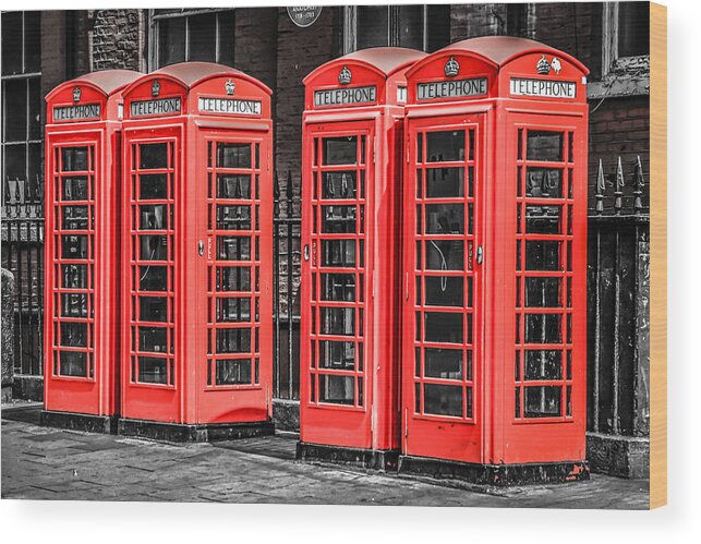 Communication; Hut; Kiosk; London; Pay Phone; Phone Box; Public Phone; Soho; Telephone Box; Telephone Kiosk; Black And White Wood Print featuring the photograph London Red #2 by Chris Smith