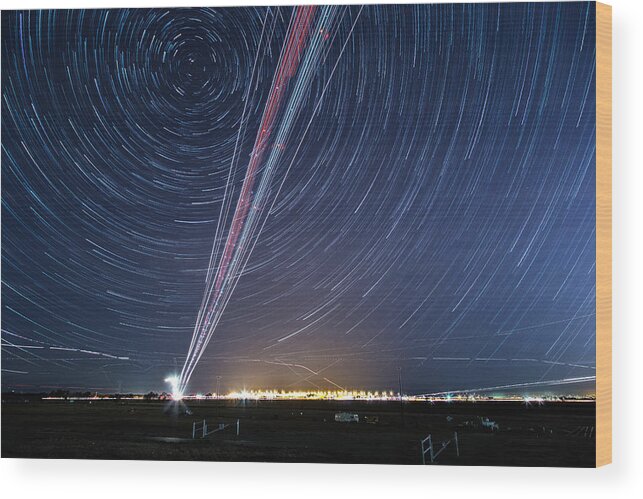 Star Trail Wood Print featuring the photograph Sacramento International Airport #2 by Lee Harland