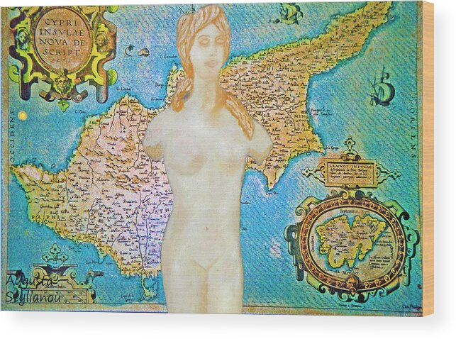 Augusta Stylianou Wood Print featuring the digital art Ancient Cyprus Map and Aphrodite #24 by Augusta Stylianou