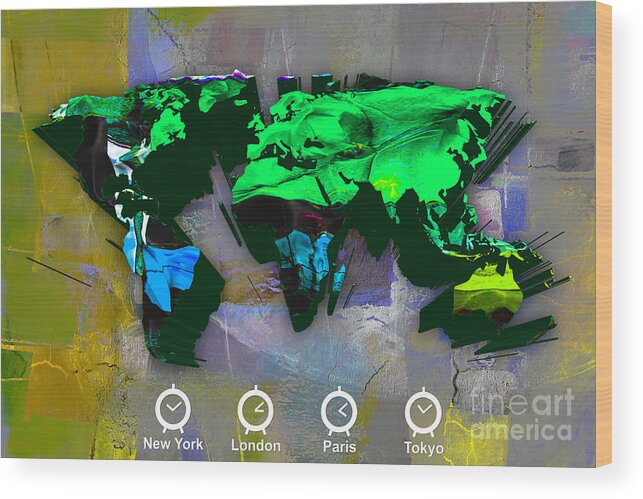 World Map Wood Print featuring the mixed media World Map Watercolor #26 by Marvin Blaine
