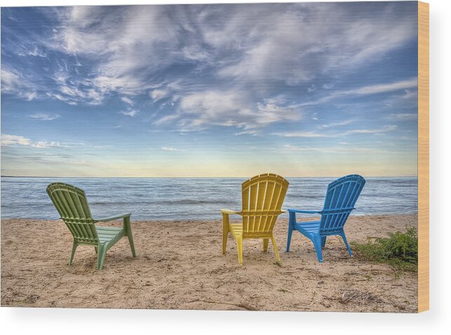 Chairs Beach Water Lake Sky Ocean Summer Relax Lake Michigan Wisconsin Door County Sand Chair Clouds Horizon Peace Calm Quiet Rest Vacation Waves Home Decor Fine Art Photography Fine Art For Sale Blue Yellow Green Landscape Photography Nautical Beach Scene Outdoors Shore Coast Wood Print featuring the photograph 3 Chairs by Scott Norris