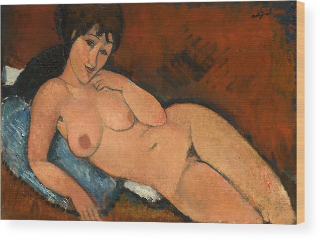 Amedeo Modigliani Wood Print featuring the painting Nude on a Blue Cushion #6 by Amedeo Modigliani