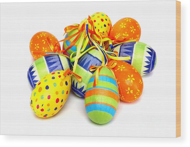 Easter Wood Print featuring the photograph Paper Covered Easter Eggs #3 by Olivier Le Queinec