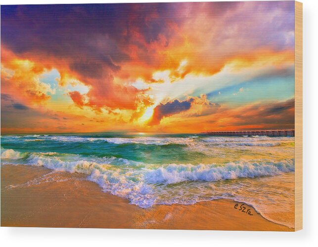 Sunset Wood Print featuring the photograph Red Orange Beach Sunset #3 by Eszra Tanner