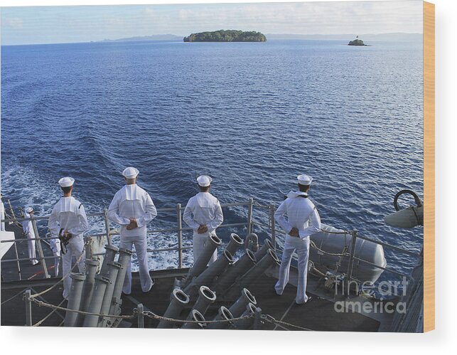 Military Wood Print featuring the photograph Sailors Man The Rails Aboard #3 by Stocktrek Images