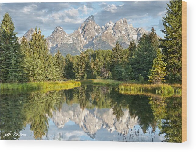 Awe Wood Print featuring the photograph Teton Range Reflected in the Snake River #3 by Jeff Goulden