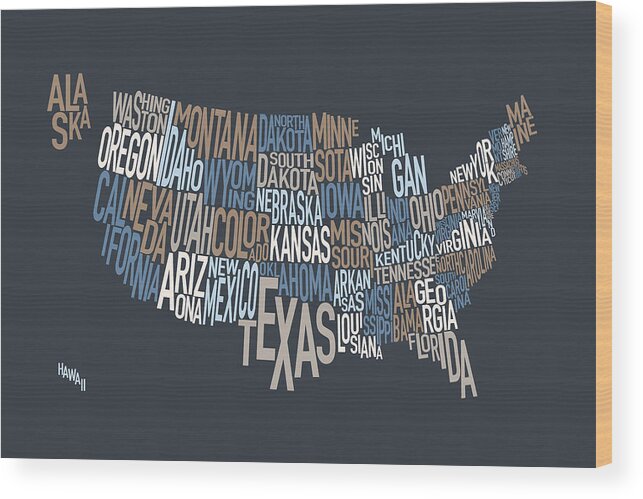 Usa Map Wood Print featuring the digital art United States Text Map #3 by Michael Tompsett