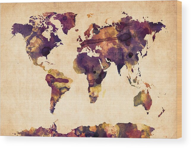 Map Of The World Wood Print featuring the digital art World Map Watercolor #3 by Michael Tompsett