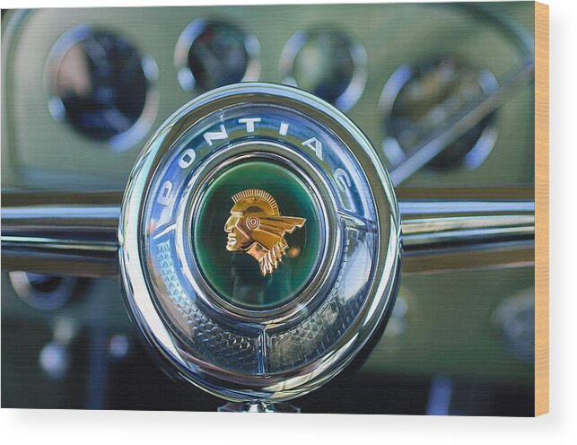 1933 Pontiac Steering Wheel Emblem Wood Print featuring the photograph 1933 Pontiac Steering Wheel Emblem #4 by Jill Reger