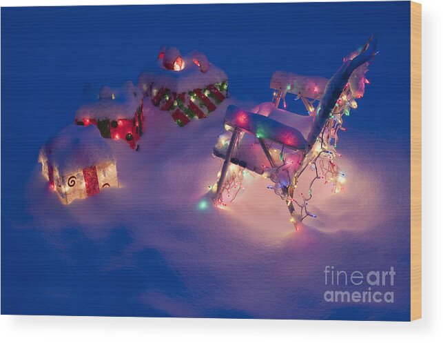 Christmas Wood Print featuring the photograph Lawn Chairs With Lit Christmas Presents #6 by Jim Corwin