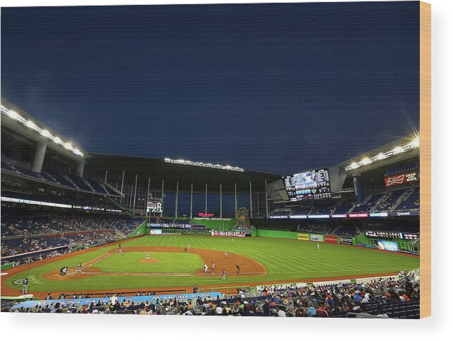 American League Baseball Wood Print featuring the photograph San Diego Padres V Miami Marlins by Mike Ehrmann