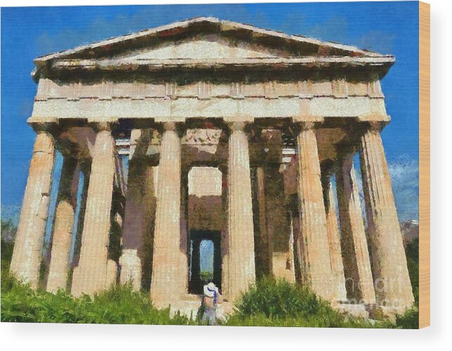 Hephaestus; Market; Agora; Plaka; Monument; Athens; City; Capital; Attica; Attika; Attiki; Greece; Hellas; Greek; Hellenic; Europe; European; Temple; Ancient; Holidays; Vacation; Travel; Trip; Voyage; Journey; Tourism; Touristic; Pillar; Pillars; Antiquities; Antiquity; Paint; Painting; Paintings; Woman; Girl Wood Print featuring the painting Temple of Hephaestus #4 by George Atsametakis