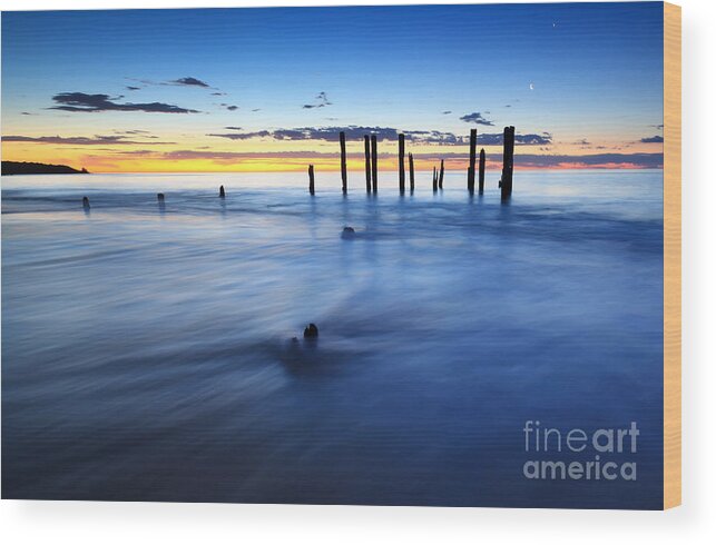 Ruins Of The Old Port Willunga Jetty Seascape Seascapes Sea Waves Ocean Salt Water Clouds South Australia Australian Sunset Beach Wood Print featuring the photograph Port Willunga Sunset by Bill Robinson