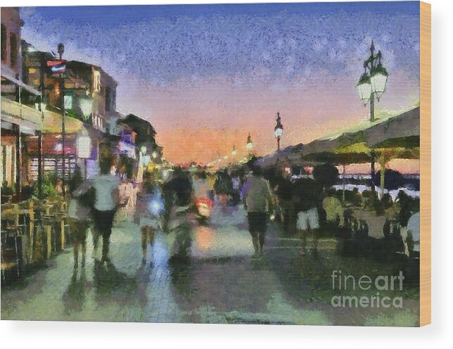 Lefkada; Lefkas; City; Town; Island; People; Tourists; Dusk; Sunset Wood Print featuring the painting Sunset in Lefkada town #2 by George Atsametakis